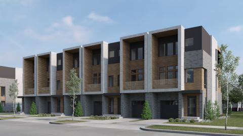 A rendering of 4 new townhouses with grey and wood exterior
