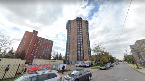 A Google Street view of a cylindrical apartment tower