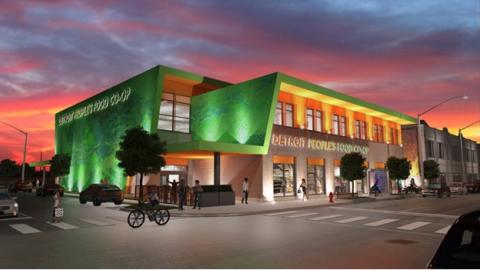 A rendering of a green grocery store with a purple and pink sunset in the background