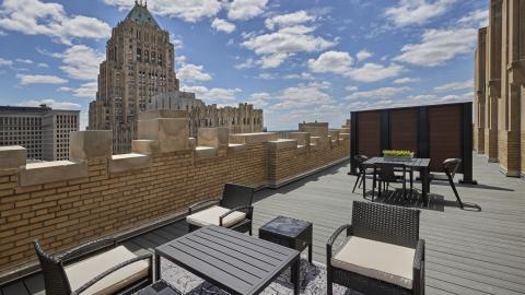 A view of the Fisher Building from a rooftop deck