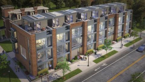 A rendering of 8 modern townhomes with brick and glass exterior