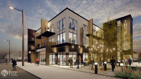 A rendering of a three story mixed use building with large windows and neutral exterior