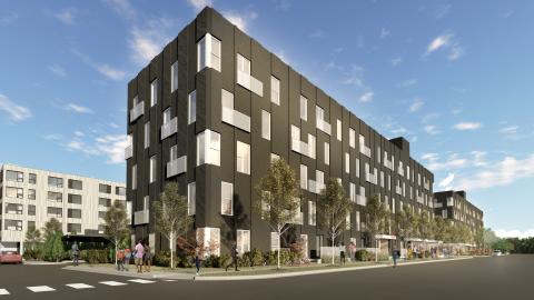 A rendering of a dark 5-story apartment building with light windows