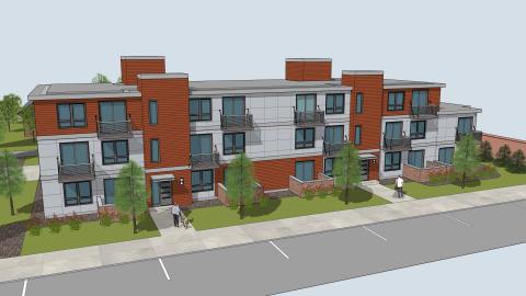 A rendering of a three story apartment building with parking in front