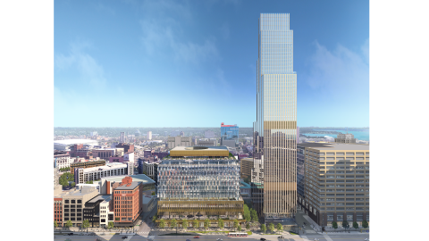 A rendering of a high-rise in downtown Detroit