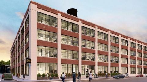 A rendering of a four story old factory converted to apartments