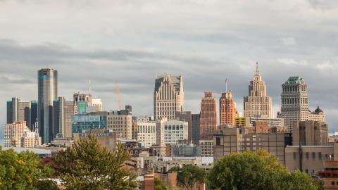 The city skyline of Detroit with the Renaissance Center to the left