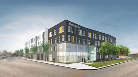 A rendering of a new two story dark grey building on a street corner