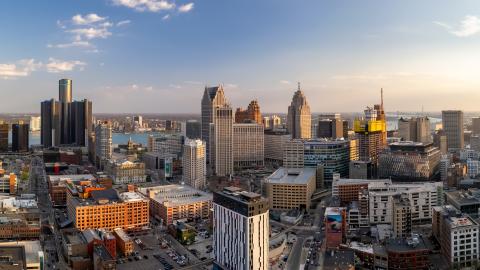 A view of Detroit's skyline at sunset