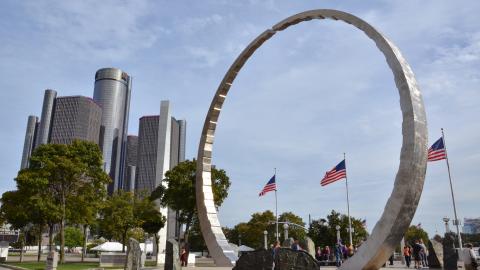 A large circular sculpture in front of the Renaissance Center in Detroit