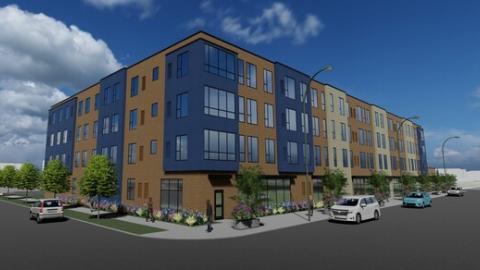 A rendering of a blue and tan 4-story apartment building
