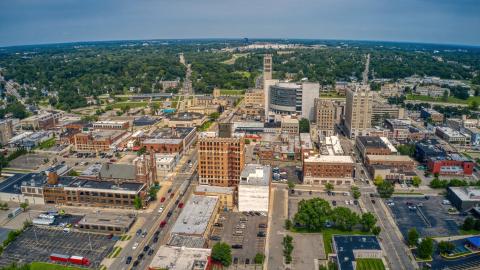 A drone shot of a downtown