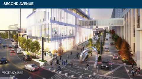 A rendering of a street in between two buildings with a walkway over it.