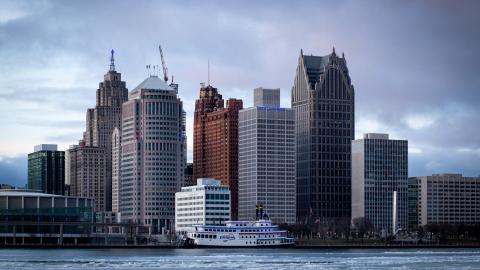 The Detroit skyline with the Detroit River in front