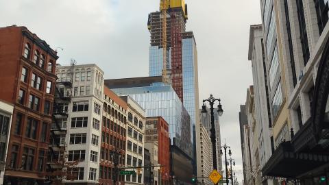 A skyscraper under construction in downtown Detroit