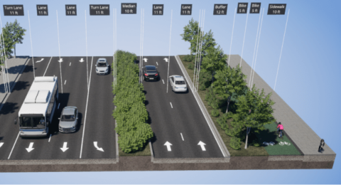 A rendering of a proposed boulevard with multiple lanes