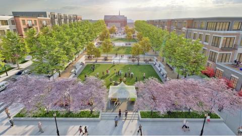 A rendering of a development surrounding a large park
