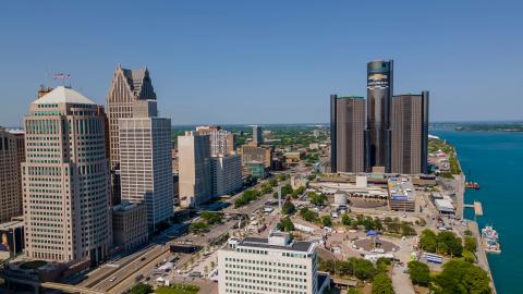 Downtown Detroit with the RenCen and river