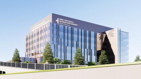 A rendering of a glass and metal research center