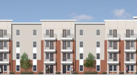 A rendering of a 4-story apartment building