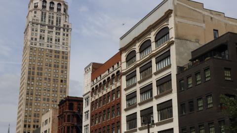 A row of buildings on Woodward Avenue in downtown Detroit