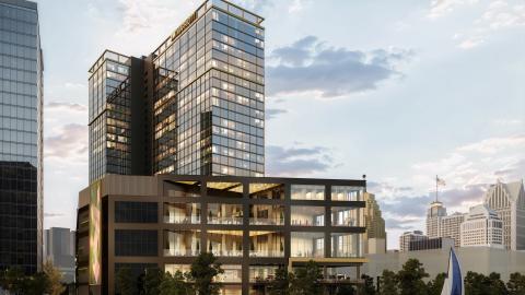 A rendering of a high-rise glass hotel along Detroit's riverfront