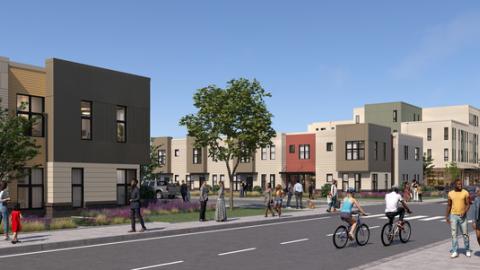 A rendering of multiple three story buildings in a neighborhood
