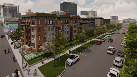 A rendering of a restored brick apartment building