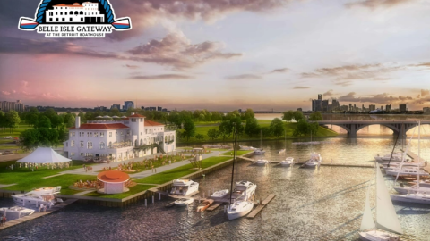 A rendering of a boathouse on a river with boat slips and sailboats